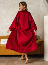 [Wijn] SilkSilky-NL Long Sleeve V Neck Nachthemd&Kamerjas Set 003