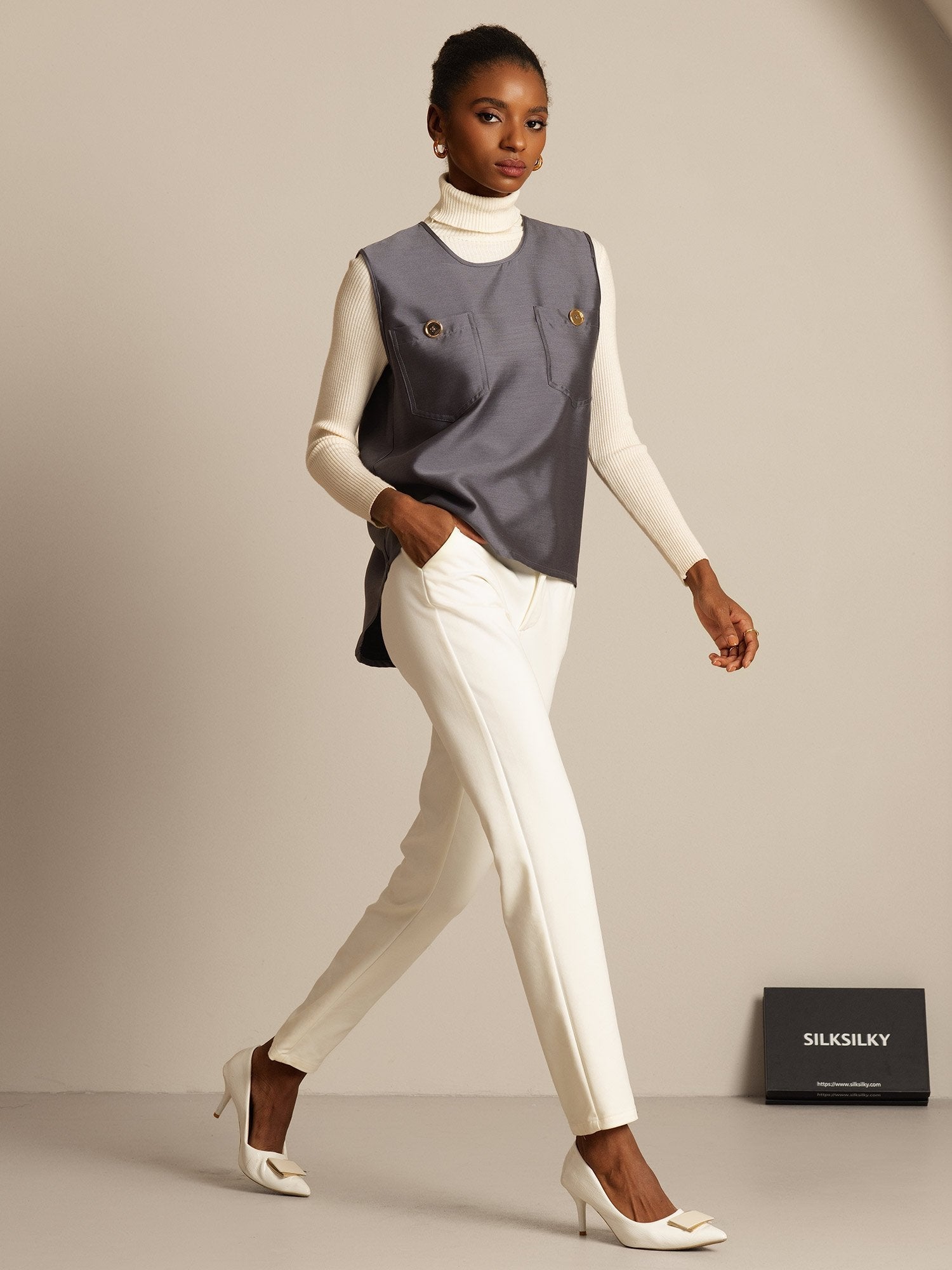 [Grijs] SilkSilky-NL 32Momme Silk-Wool Blend Womens Vest 005,