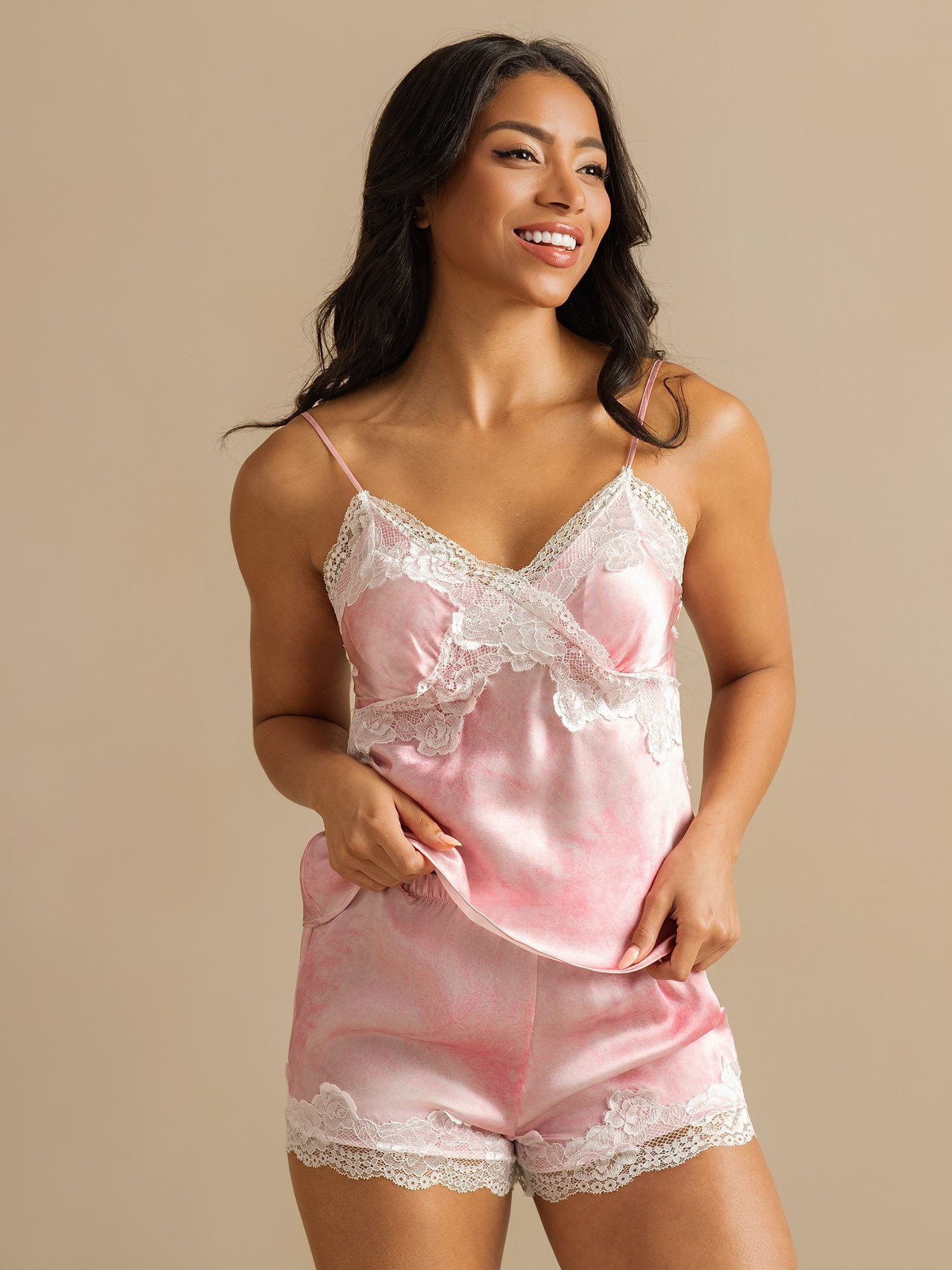 [Roze] SilkSilky-NL V Neck Cami-Set 004