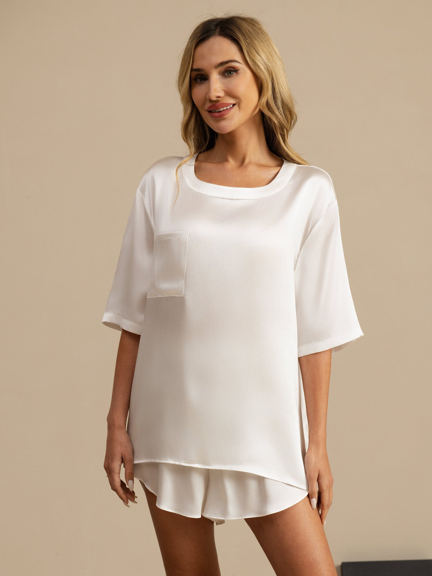 [Wit] SilkSilky-NL Korte Mouw Ronde Hals Dames Pyjama Set 003