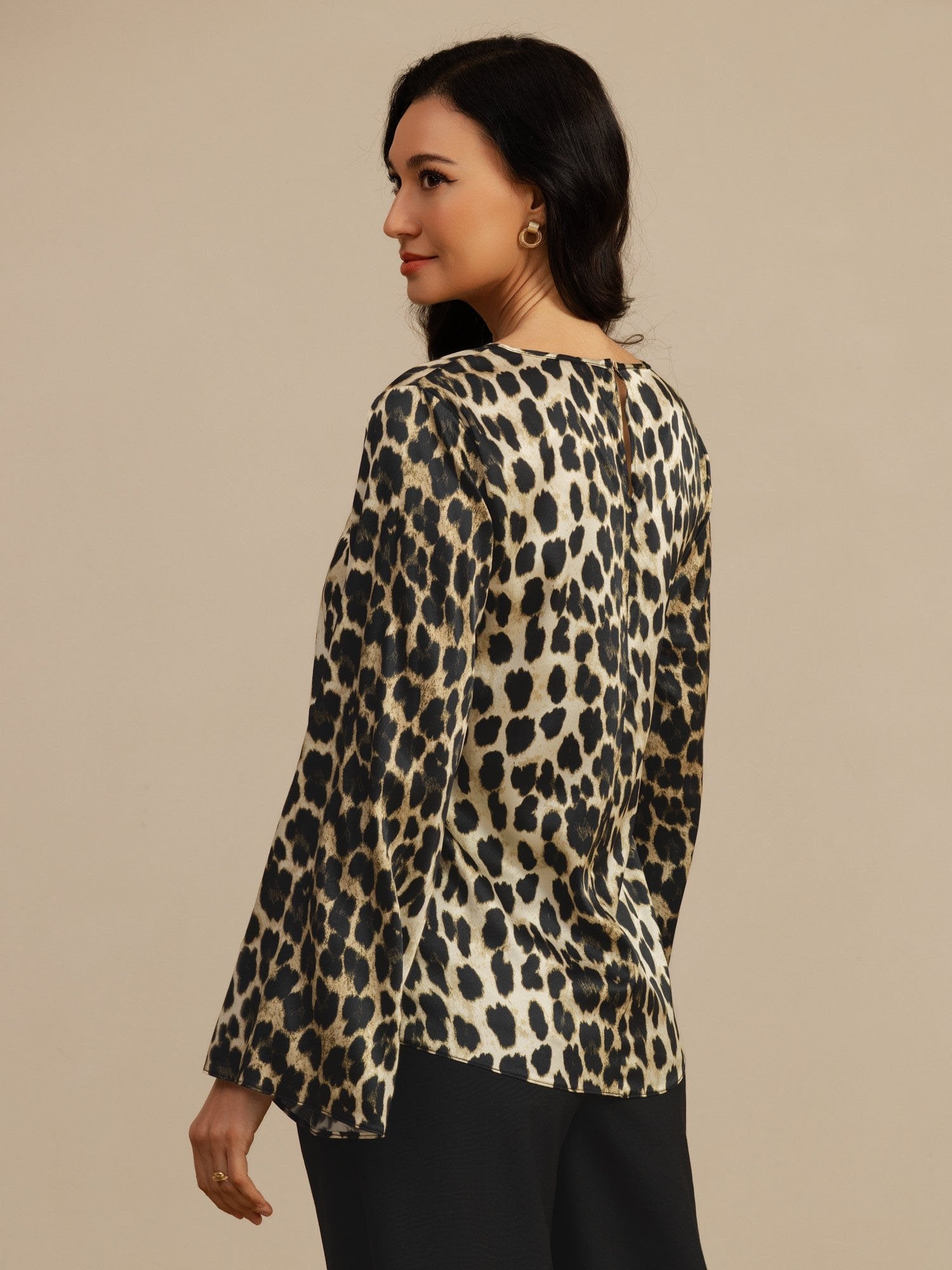 [Leopard] SilkSilky-NL 19Momme Lange Mouw Boat Hals Blouse 002