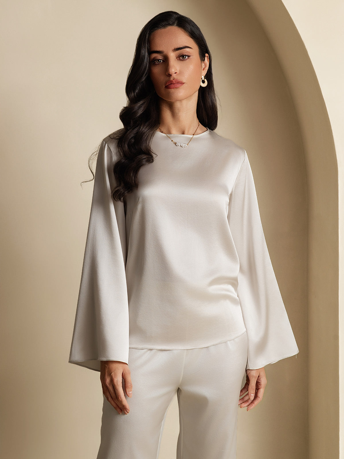 [Lichtgrijs] SilkSilky-NL 19Momme Lange Mouw Boat Hals Blouse 003