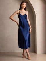 [Donkerblauw] SilkSilky-NL Spaghetti Strap V Neck Jurk 001