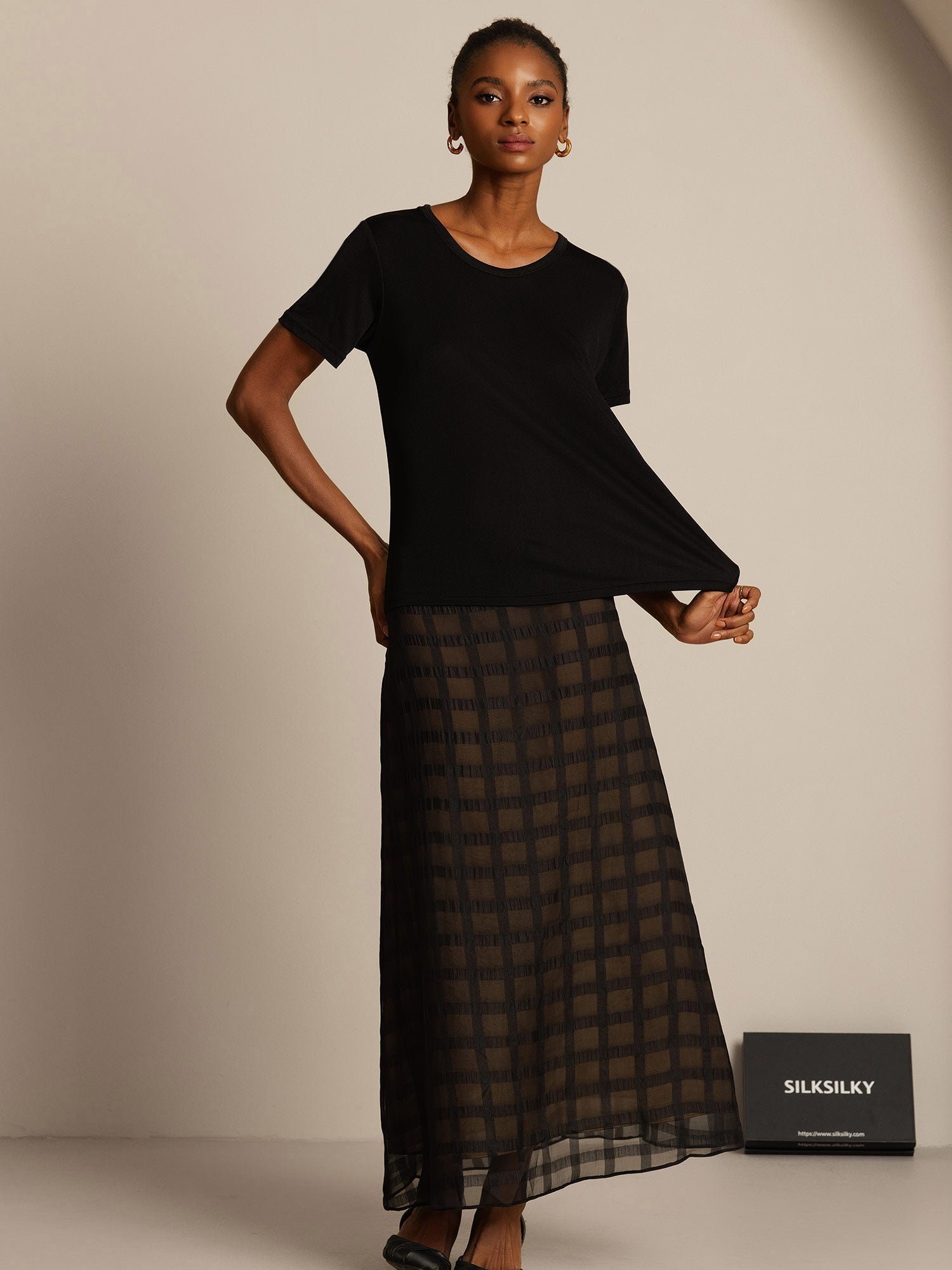 [Zwart] SilkSilky-NL Zijde Gebreid Ronde Hals Dames T-Shirt 008