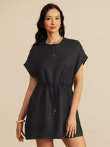[Zwart] SilkSilky-NL 18Momme Kapmouwtjes Henley-hals Jurk 003