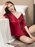 SilkSilky-NL Korte Mouw Revers Dames Pyjama Set Wijn 005