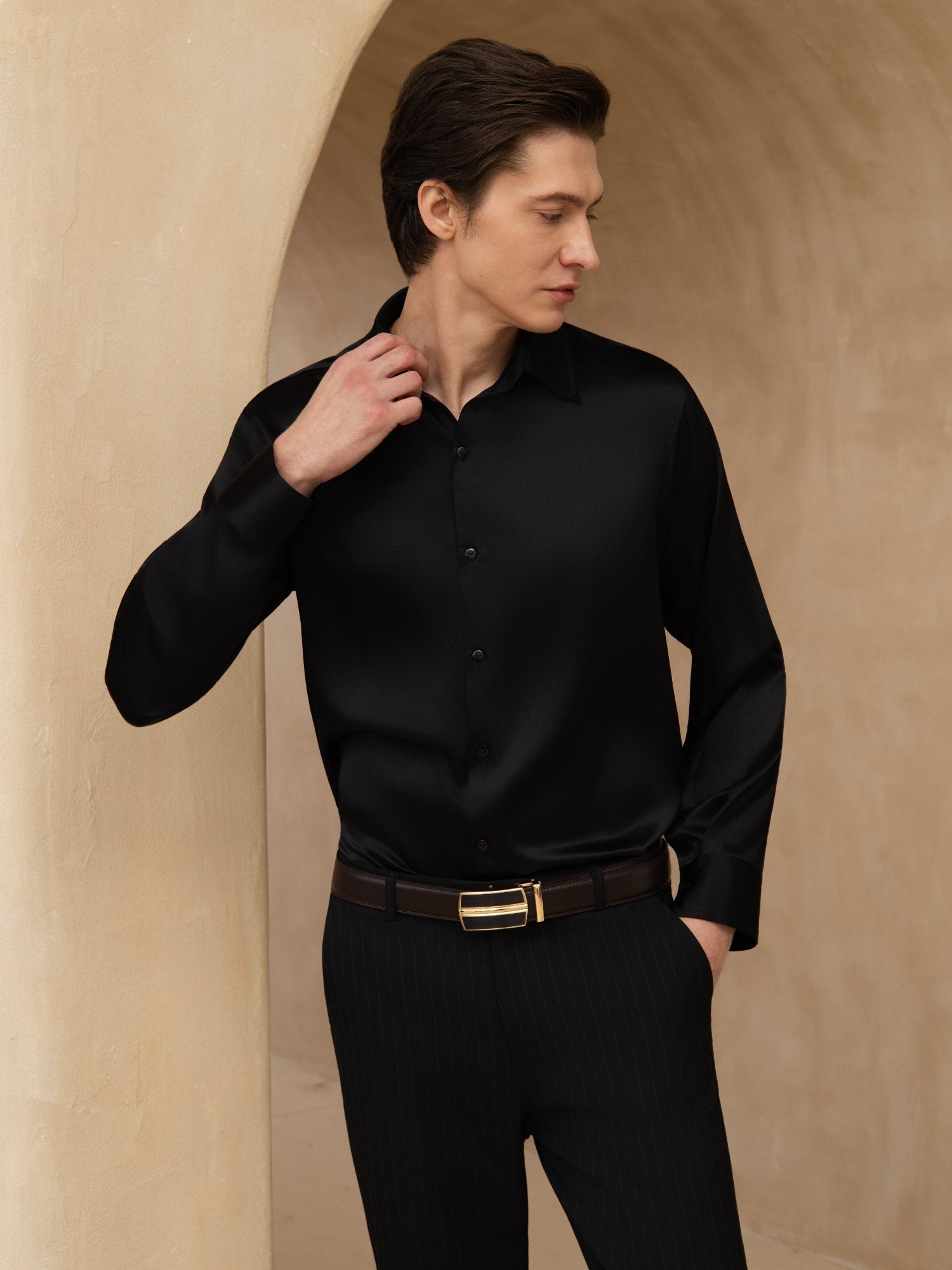 [Zwart] SilkSilky-NL 19Momme Lange Mouw Reverskraag Heren Shirt 005