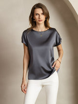 [Donkergrijs] SilkSilky-NL 19Momme Korte Mouw Boat Hals Dames T-Shirt 004