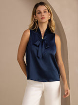 [Donkerblauw] SilkSilky-NL Sleeveless Tie Neck Cami-Top 001