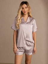 [Schaduwgrijs] SilkSilky-NL Short Sleeve Lapel Collar Dames Pyjama Set 001
