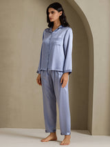 [Staal Blauw] SilkSilky-NL Long Sleeve Lapel Collar Dames Pyjama Set 006