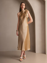 [Champagne] SilkSilky-NL 19Momme Stretch Silk Charmeuse Sleeveless Tie Neck Jurk 006