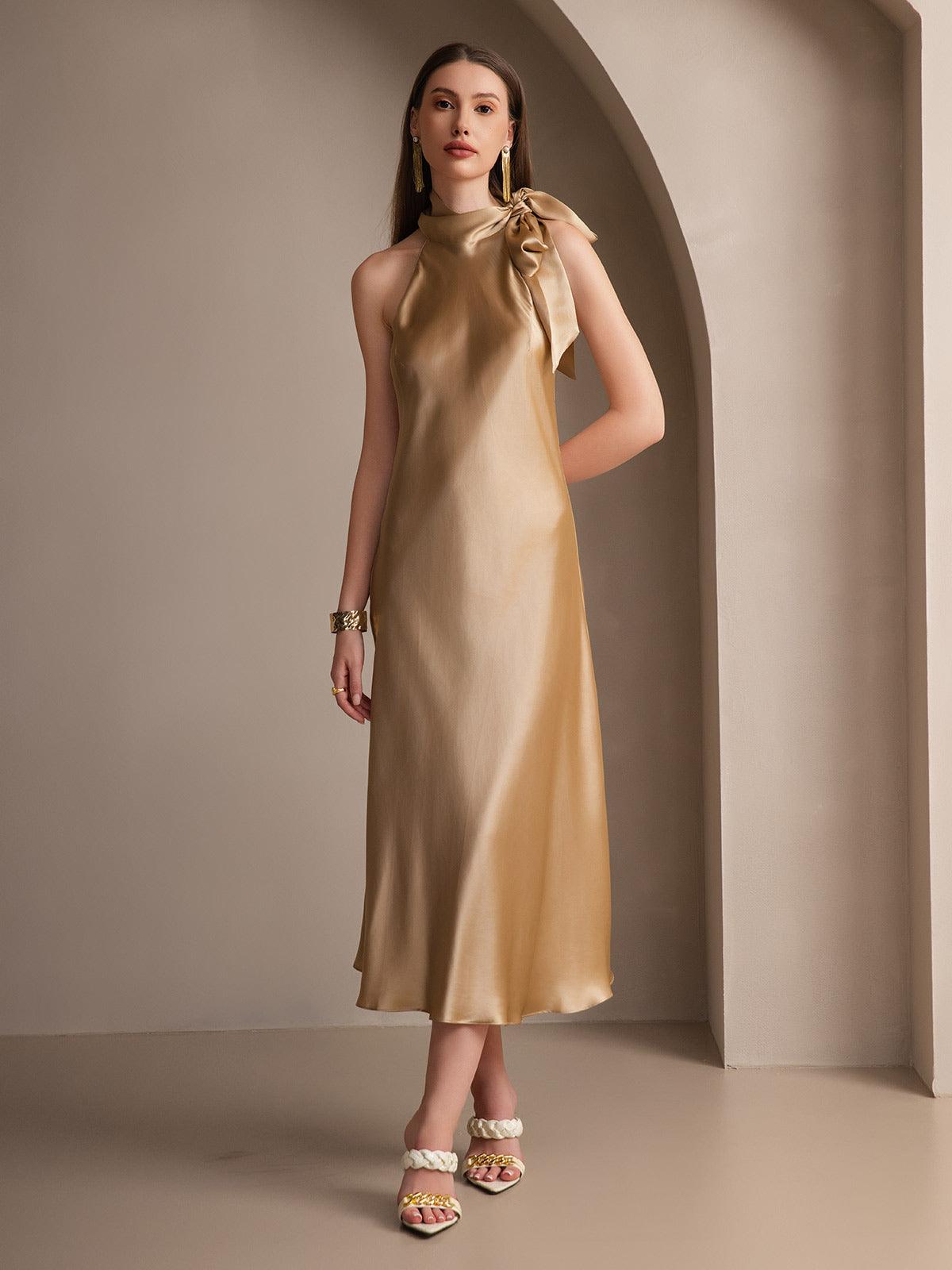 [Champagne] SilkSilky-NL 19Momme Zijde Mouwloos Dress 006