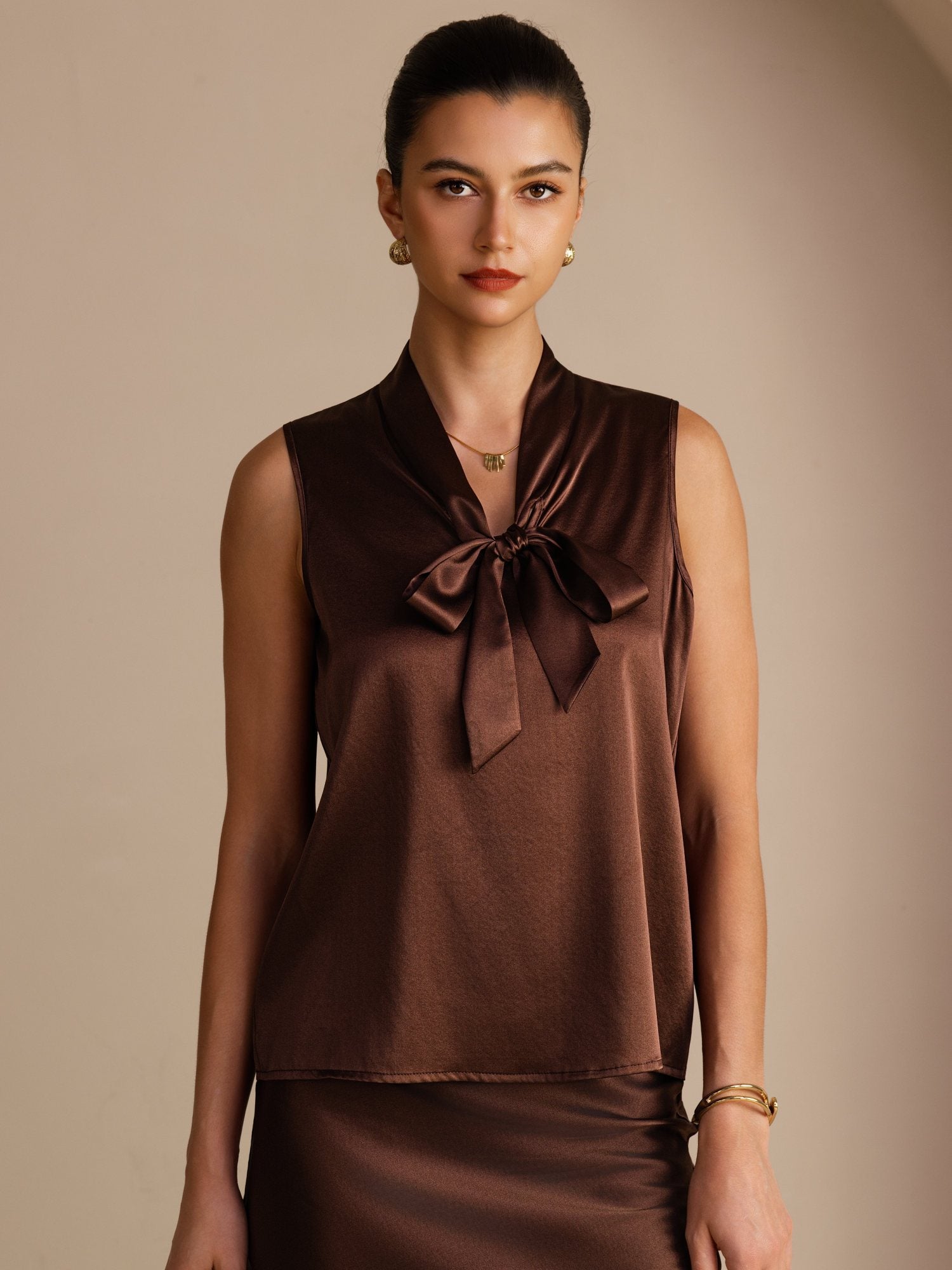 [Pure Chocolade] SilkSilky-NL Sleeveless Tie Neck Cami-Top 001