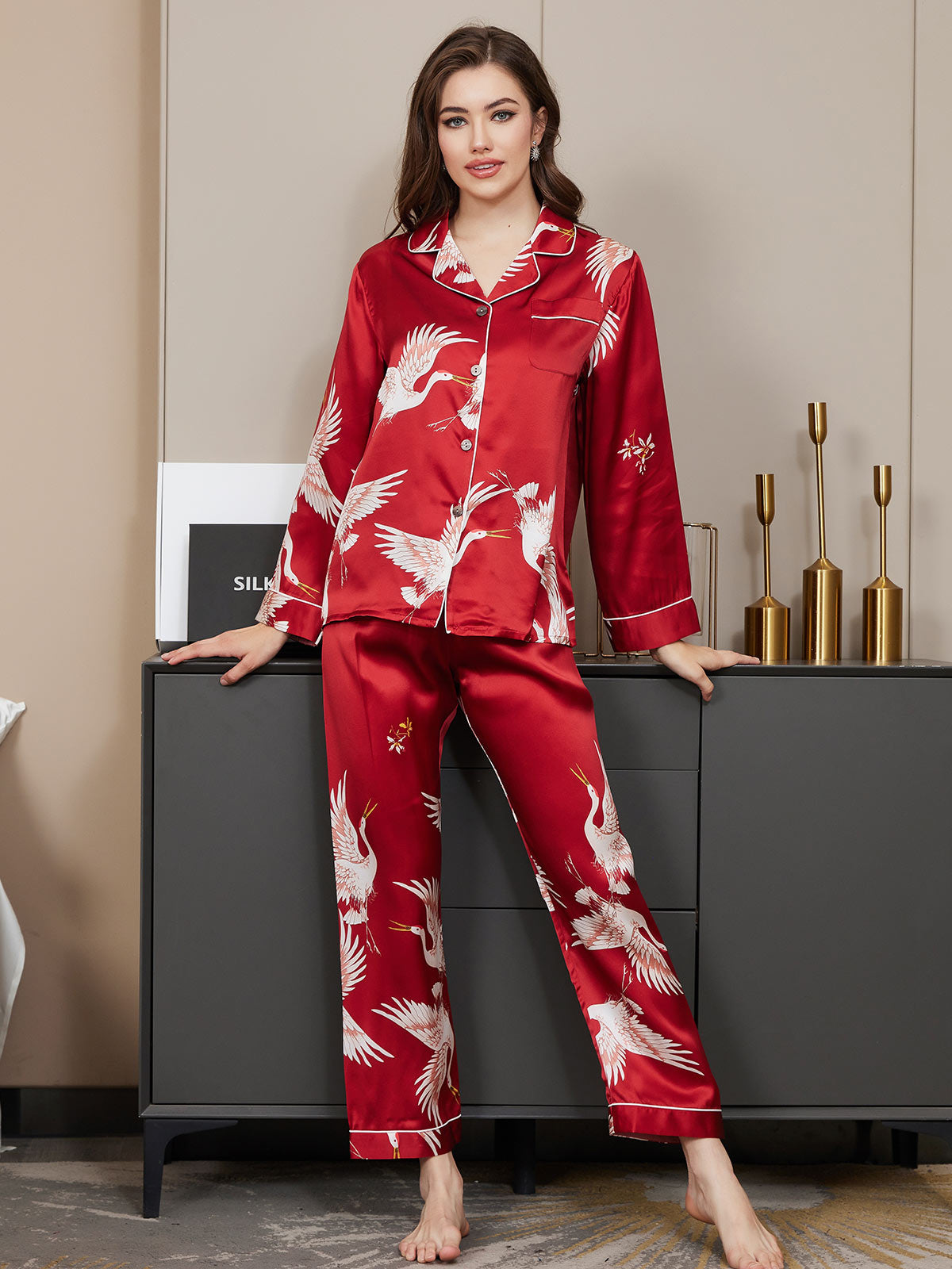 SilkSilky-NL 19Momme Lange Mouw Revers Dames Pyjama Set Donkerrood 003