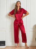 SilkSilky NL Pure Silk Korte Mouw Revers Dames Pyjama Set Donkerrood 001