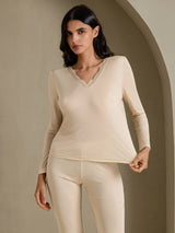 [Beige] SilkSilky-NL Long Sleeve V Neck Dames Lange Onderkleding 003