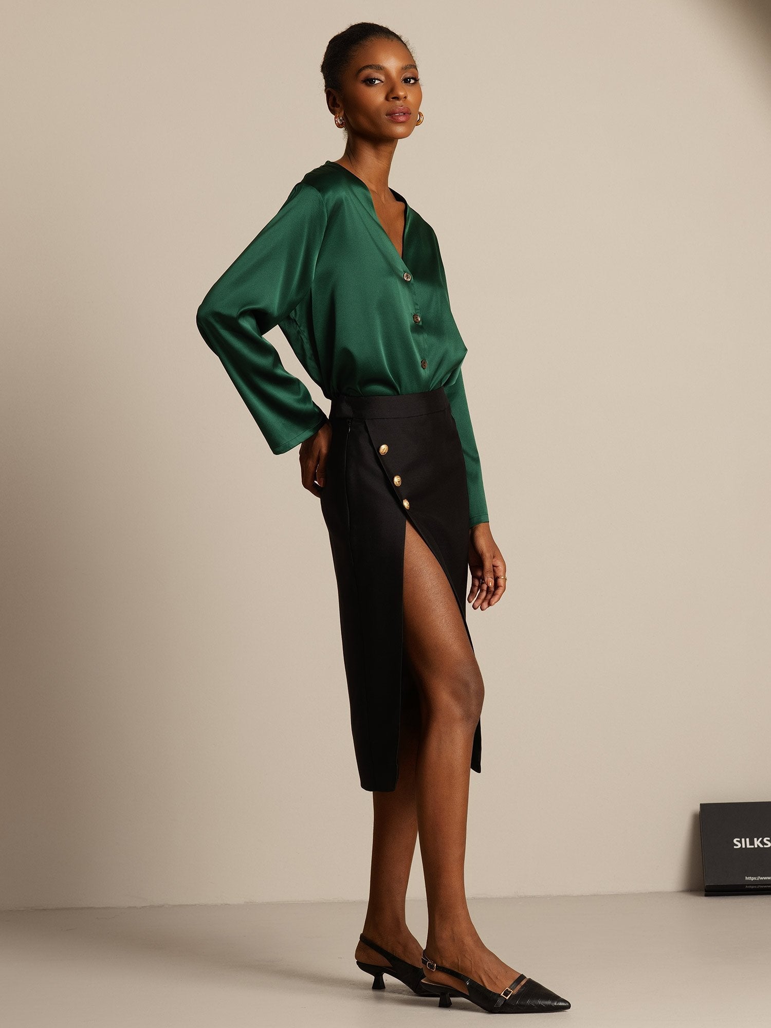 [Zwart] SilkSilky-NL 32Momme Silk-Wool Blend Skirt 005,