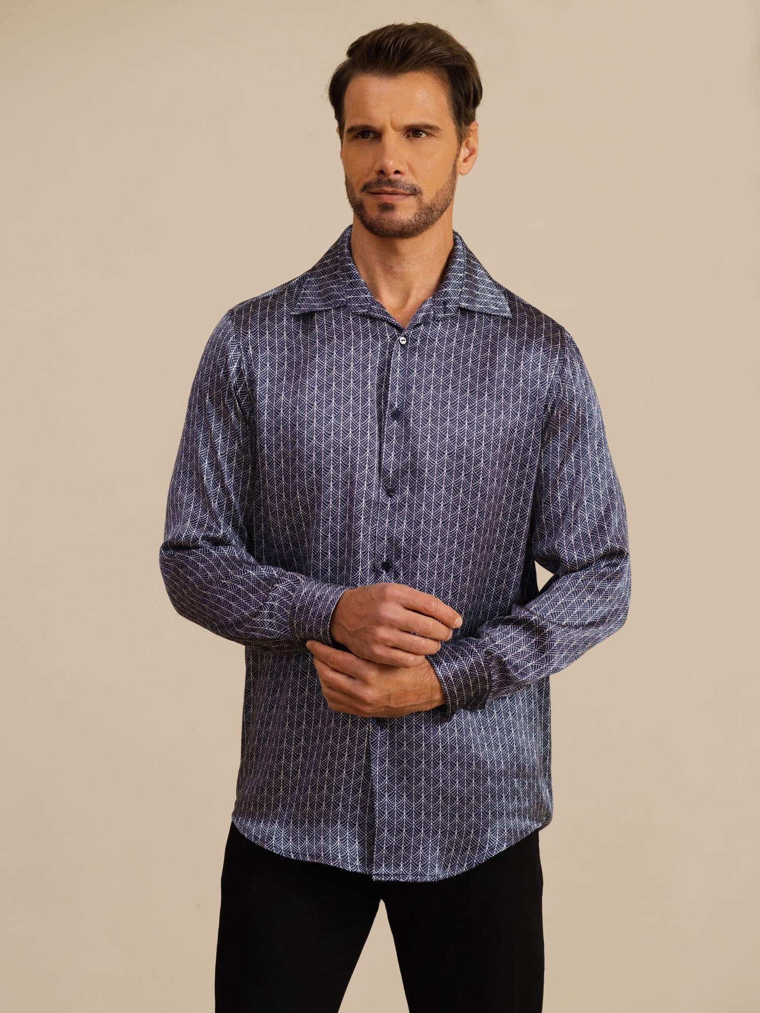 [Marine Ginkgo] SilkSilky-NL Lange Mouw Reverskraag Heren Shirt 003