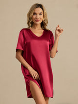 [Donkerrood] SilkSilky-NL Half Sleeve V Neck Nachthemd 001