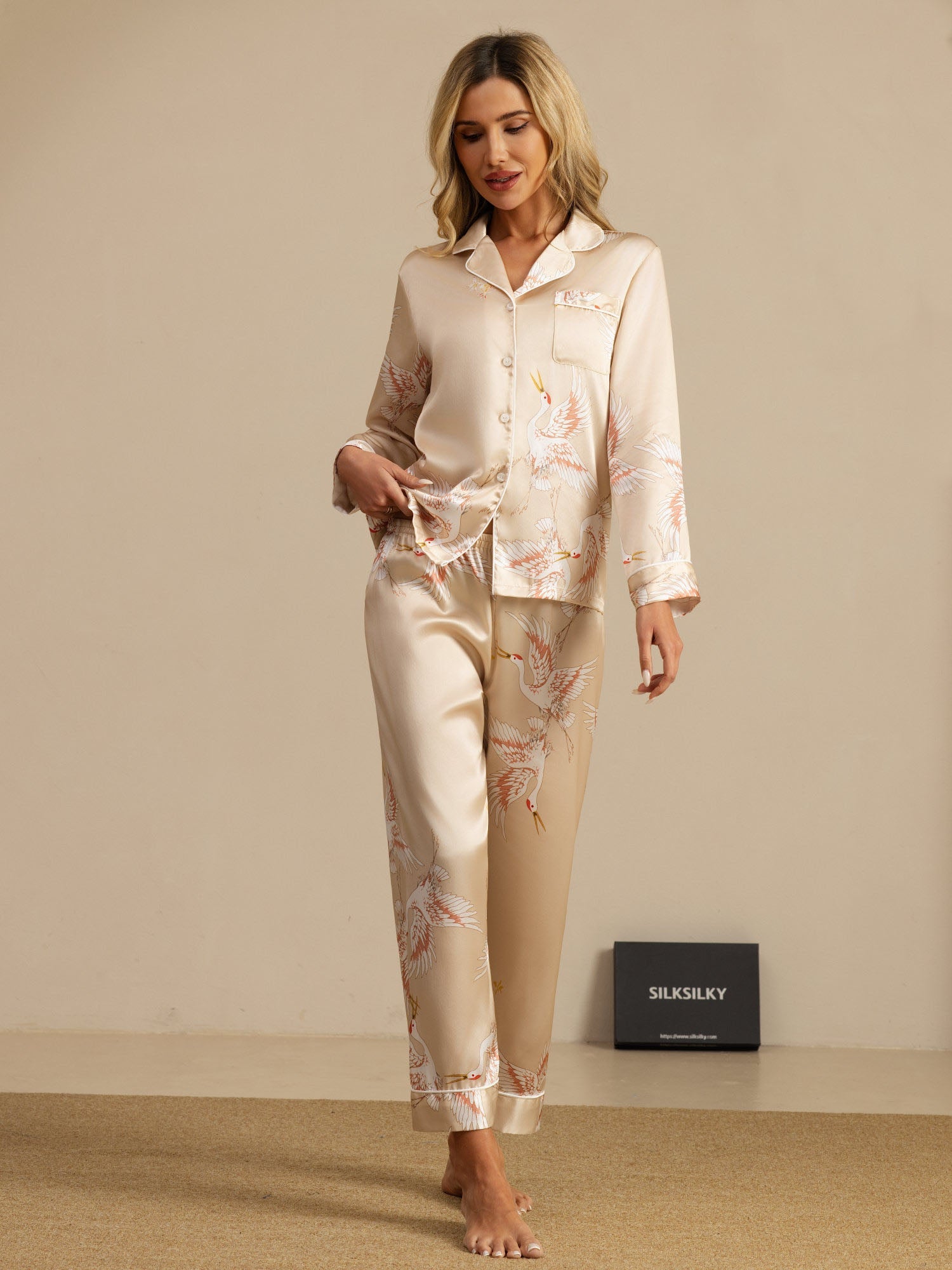 [Champagne] SilkSilky-NL 19Momme Lange Mouw Notchkraag Dames Pyjama Set 006