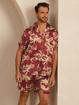 [Wijnrode Draak] SilkSilky-NL Short Sleeve Notch Collar Heren Pyjama Set 001