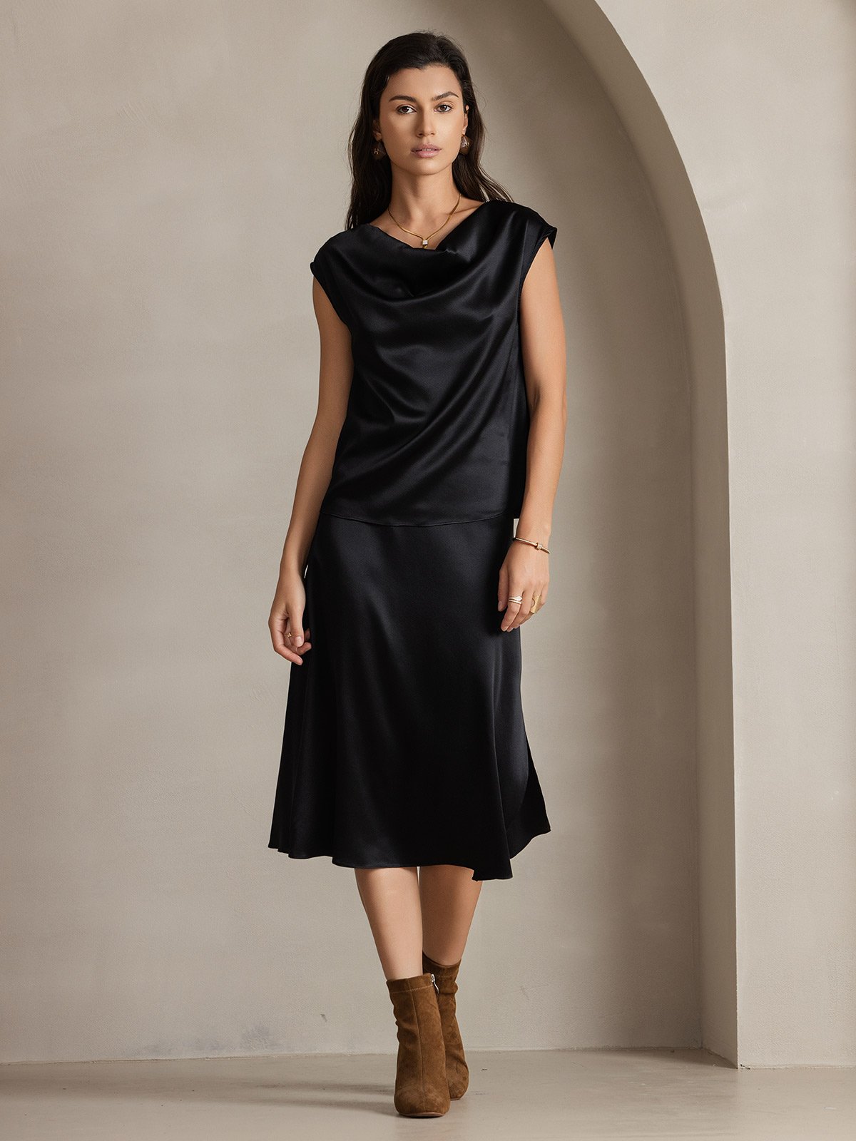 [Zwart] SilkSilky-NL 19Momme Zijde Mouwloos Womens T-Shirt 004