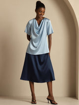 [Grijsachtig Blauw] SilkSilky-NL 19Momme Korte Mouw Waterval Hals Blouse 007