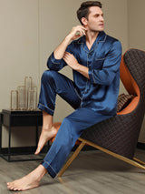 [Donkerblauw] SilkSilky-NL Pure Silk Lange Mouw Revers Heren Pyjama Set 002