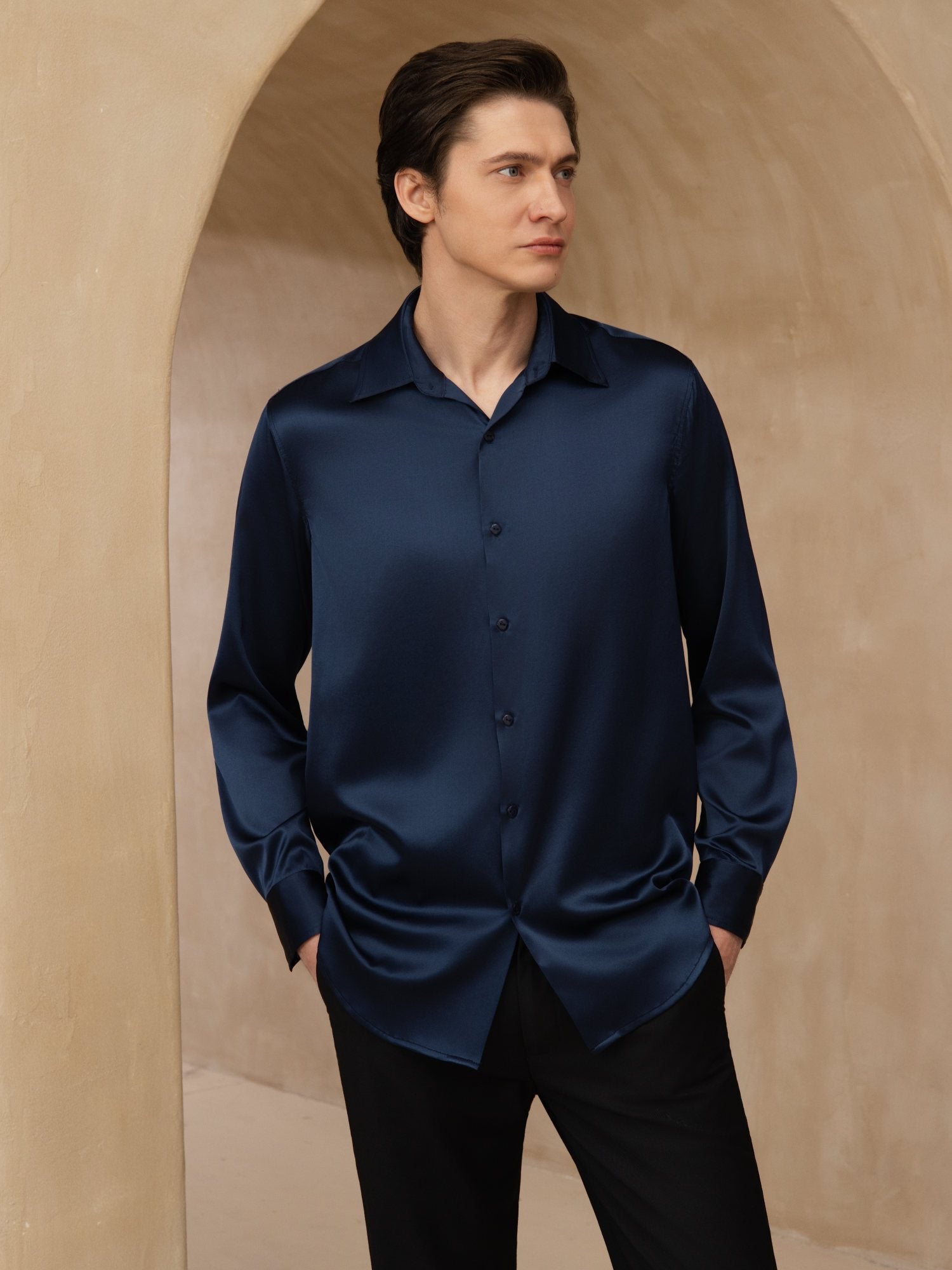 [Donkerblauw] SilkSilky-NL 19Momme Lange Mouw Reverskraag Heren Shirt 003