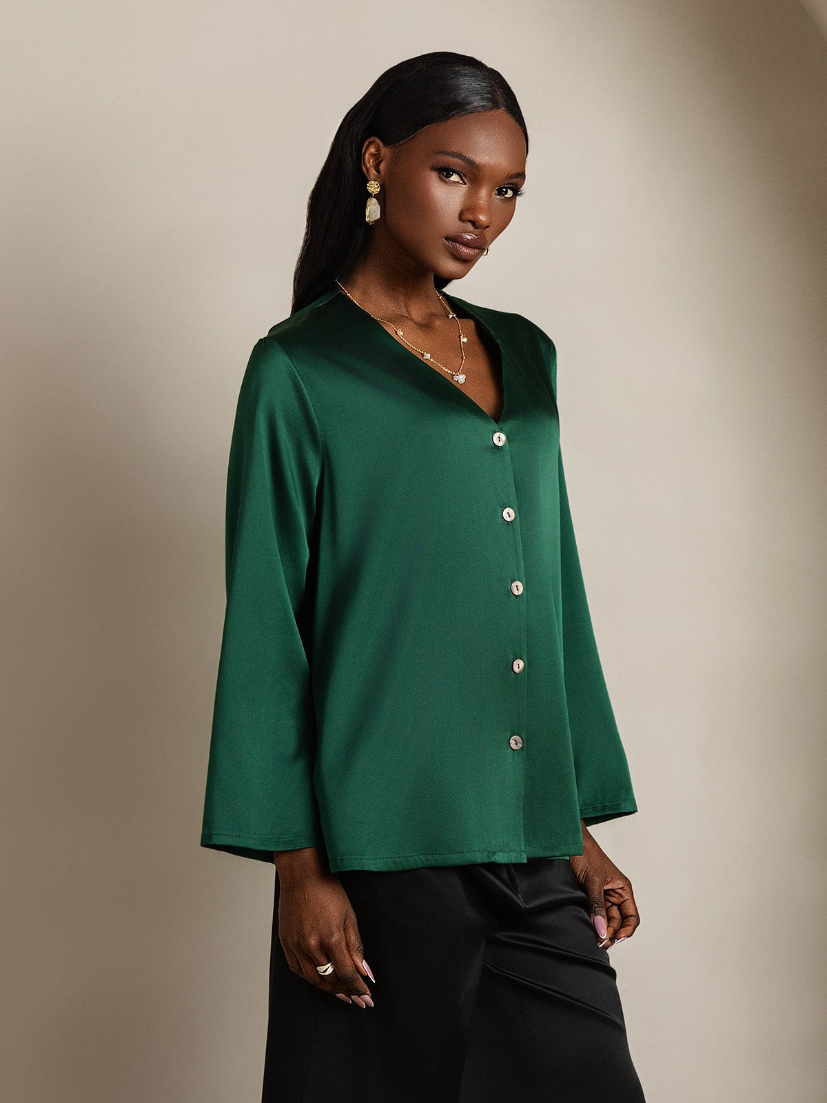 [Donkergroen] SilkSilky-NL 19Momme Zijde V-Hals Dames Blouse 006