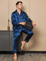 [Donkerblauw] SilkSilky-NL Lange Mouw Notchkraag Heren Pyjama Set 001
