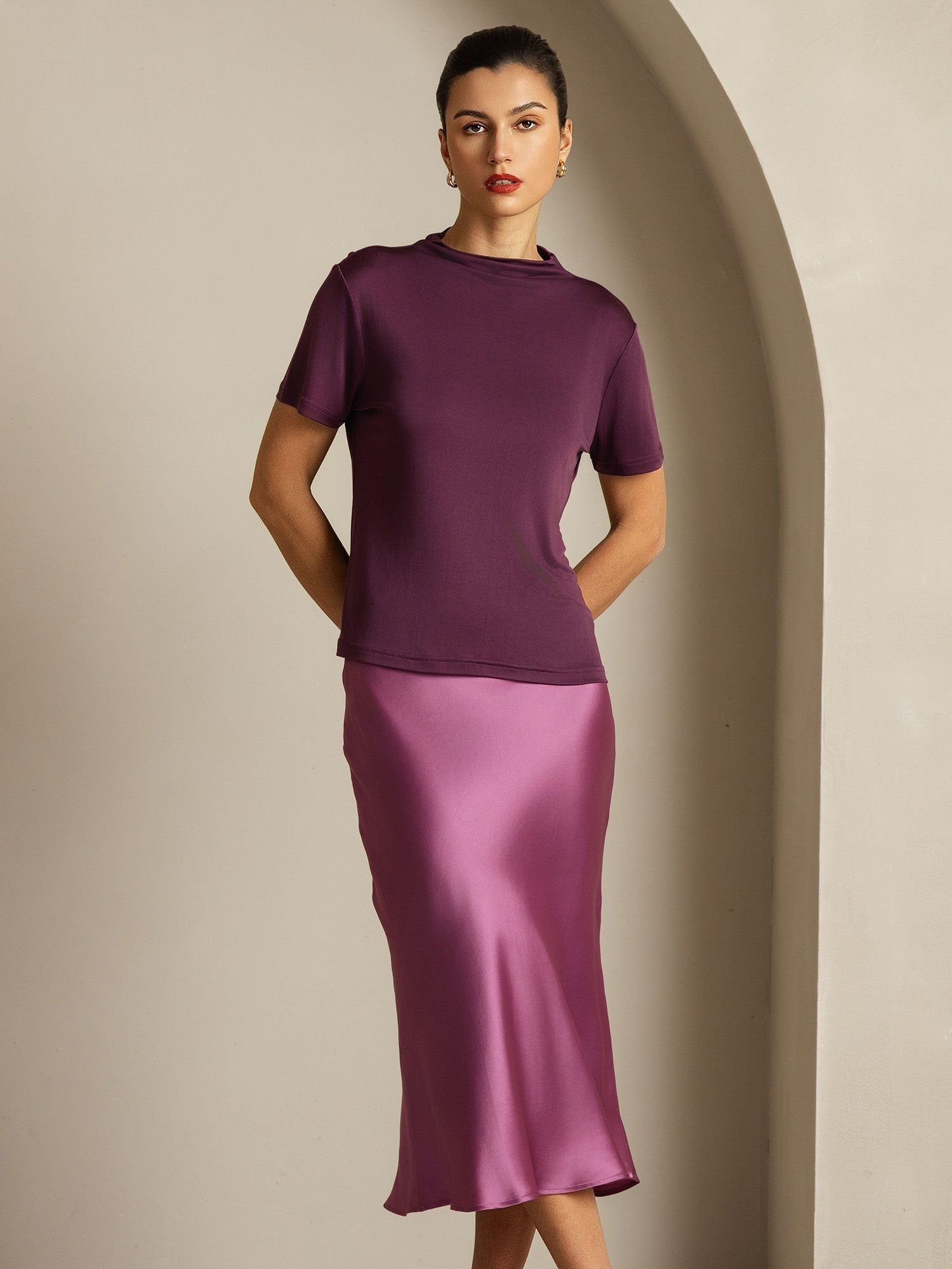 [Paars] SilkSilky-NL Korte Mouw Col Montant Dames T-Shirt 008