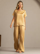 [Tan] SilkSilky-NL 19Momme Korte Mouw Dames Pyjama Set 007