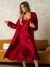 [Wijn] SilkSilky-NL Long Sleeve V Neck Nachthemd&Kamerjas Set 009