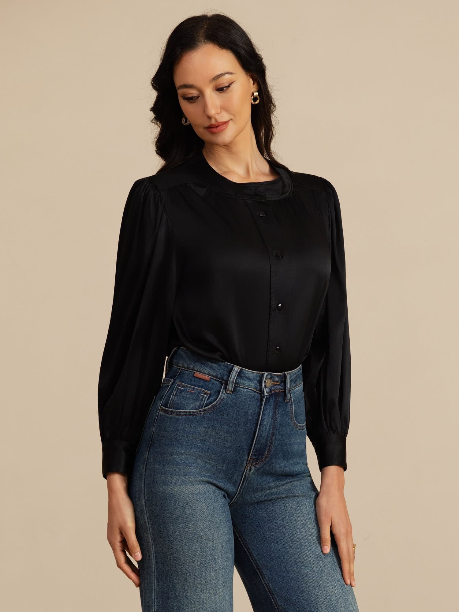 [Zwart] SilkSilky-NL 19Momme Long Sleeve Round Neck Blouse 001
