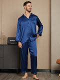 SilkSilky NL Pure Silk Lange Mouw Mens Pajamas Donkerblauw 005