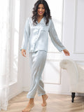 SilkSilky NL Pure Silk Lange Mouw Revers Dames Pyjama Set Lichtblauw 005