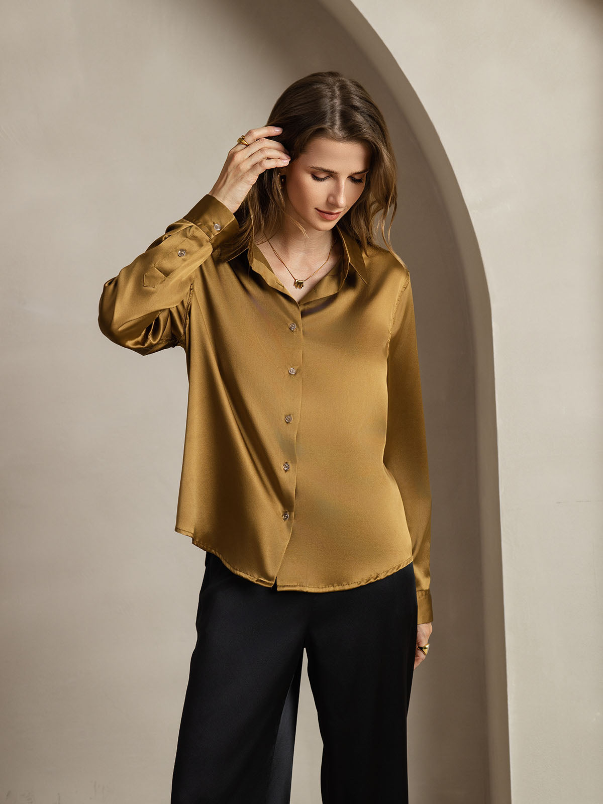 [Brons] SilkSilky-NL Zijde Kraag Dames Blouse 001