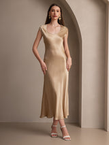 [Champagne] SilkSilky-NL Kapmouwtjes Diepe Ronde Hals Jurk 004