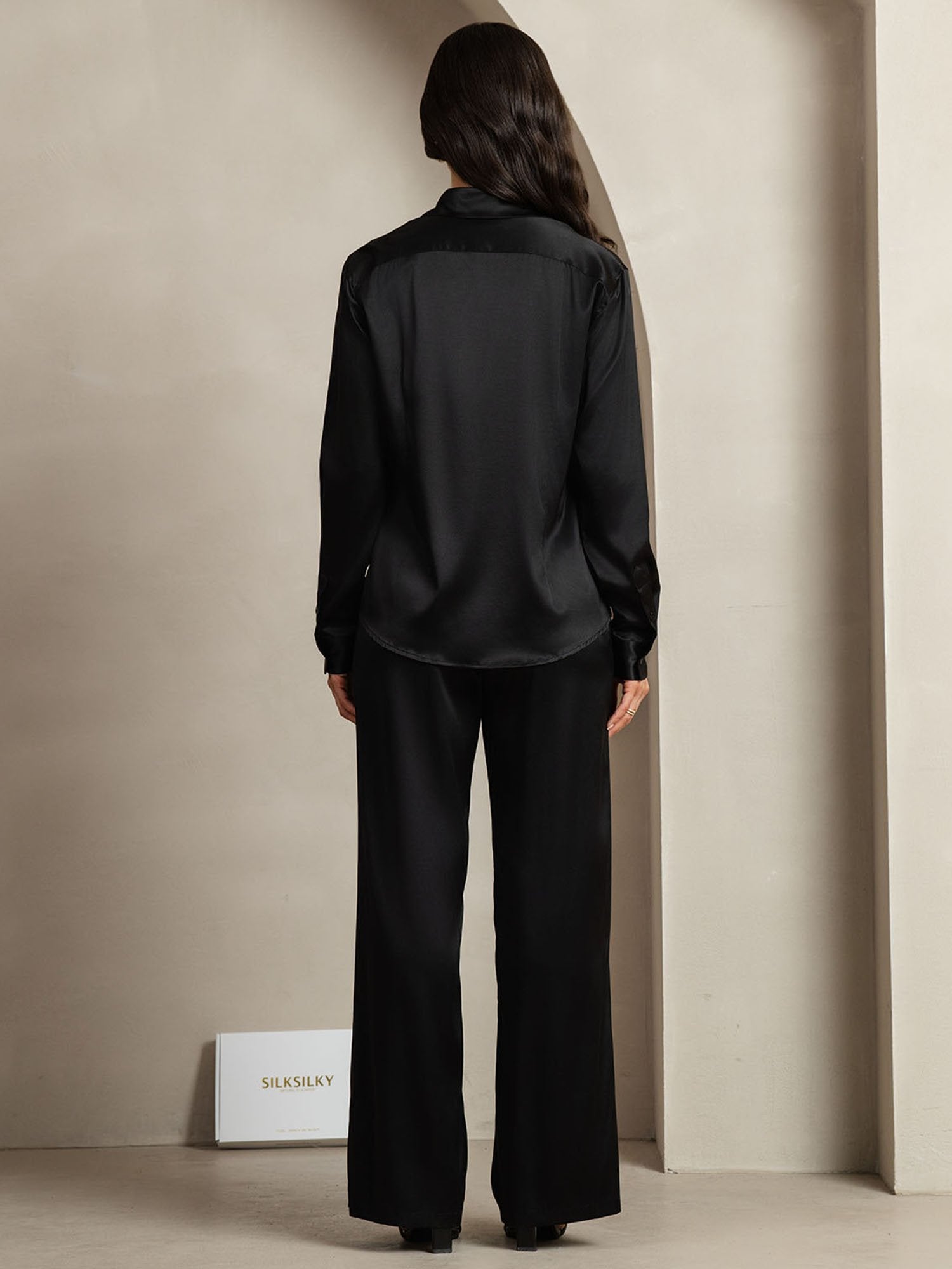 [Zwart] SilkSilky-NL 19Momme Zijde Kraag Women''s Outfit Sets 002
