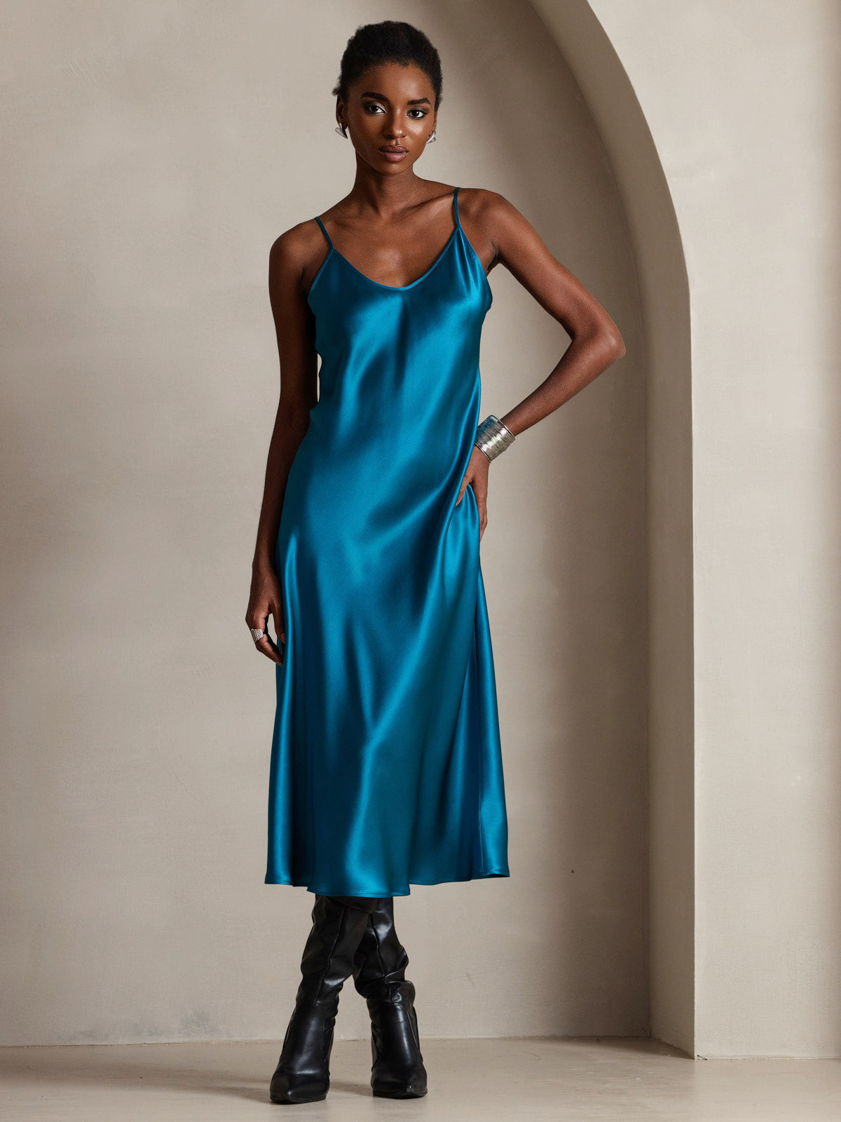 [Koningsblauw] SilkSilky-NL Ronde Hals Jurk 001