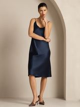 [Donkerblauw] SilkSilky-NL Spaghetti Strap U-hals Jurk 004