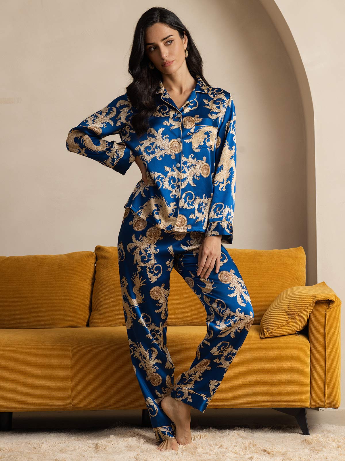 SilkSilky-NL Lange Mouw Revers Dames Pyjama Set Blauw 006