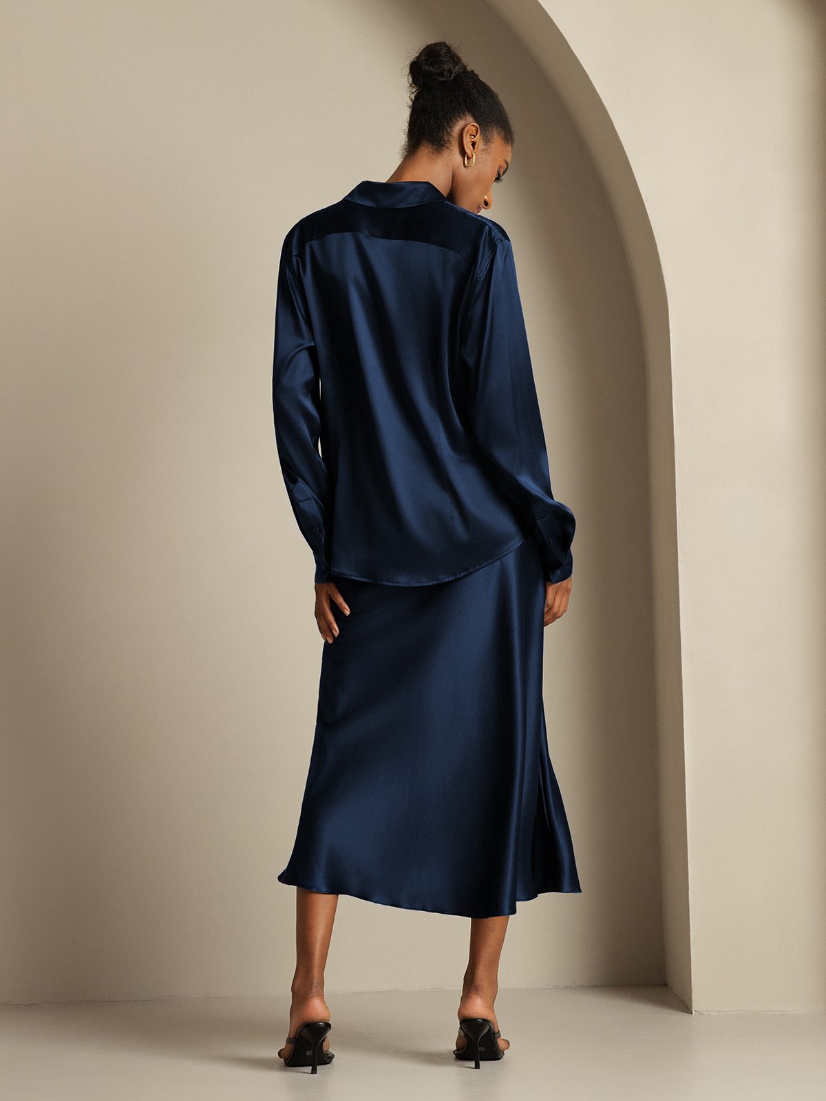 [Donkerblauw] SilkSilky-NL 19Momme Zijde Kraag Women''s Outfit Sets 002,