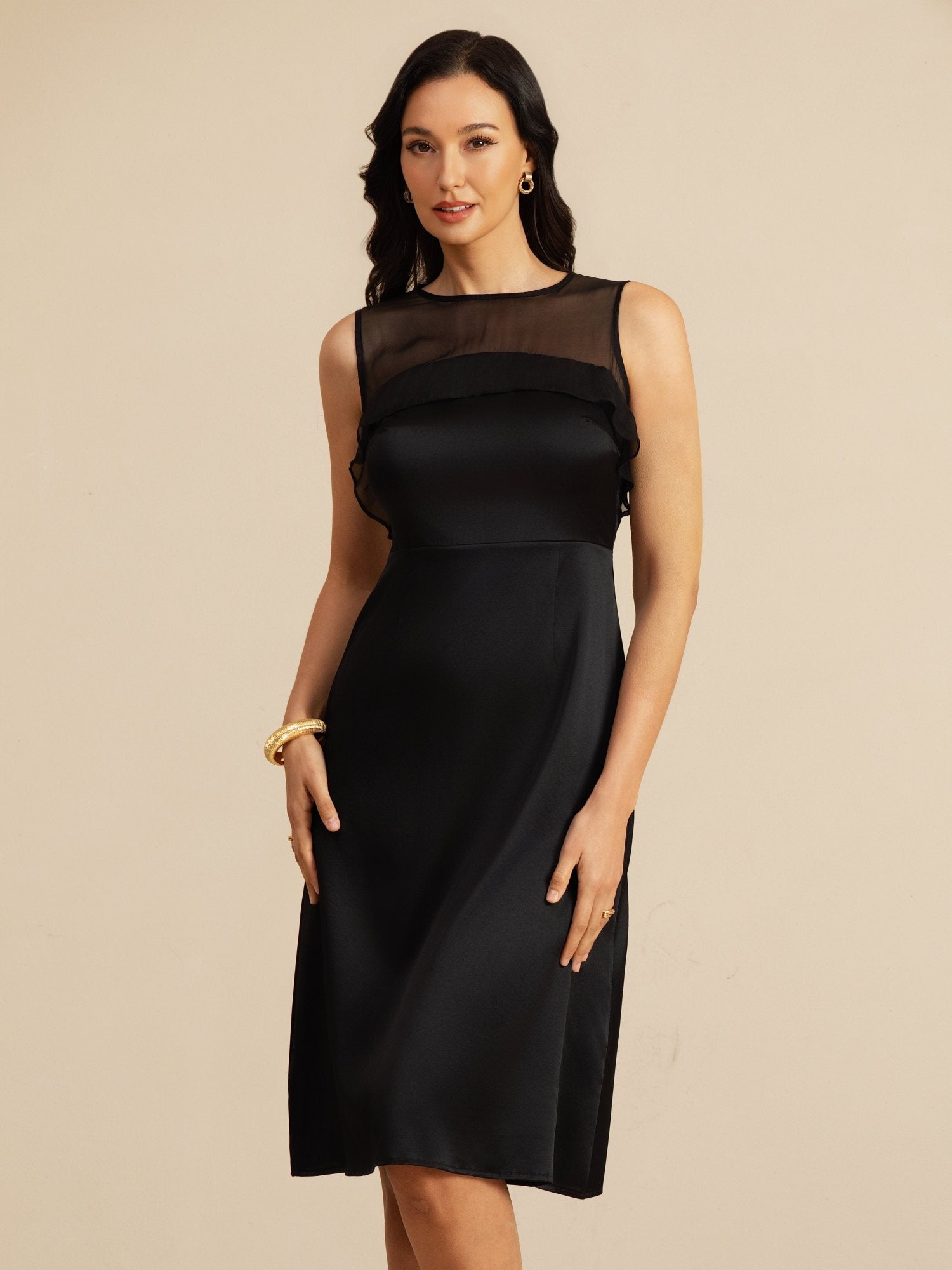 [Zwart] SilkSilky-NL 19Momme Sleeveless Illusion Neck Jurk 001
