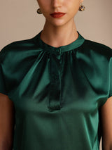 [Donkergroen] SilkSilky-NL Short Sleeve Split Blouse 004