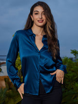 [Koningsblauw] SilkSilky-NL Long Sleeve Lapel Collar Dames Blouse 001