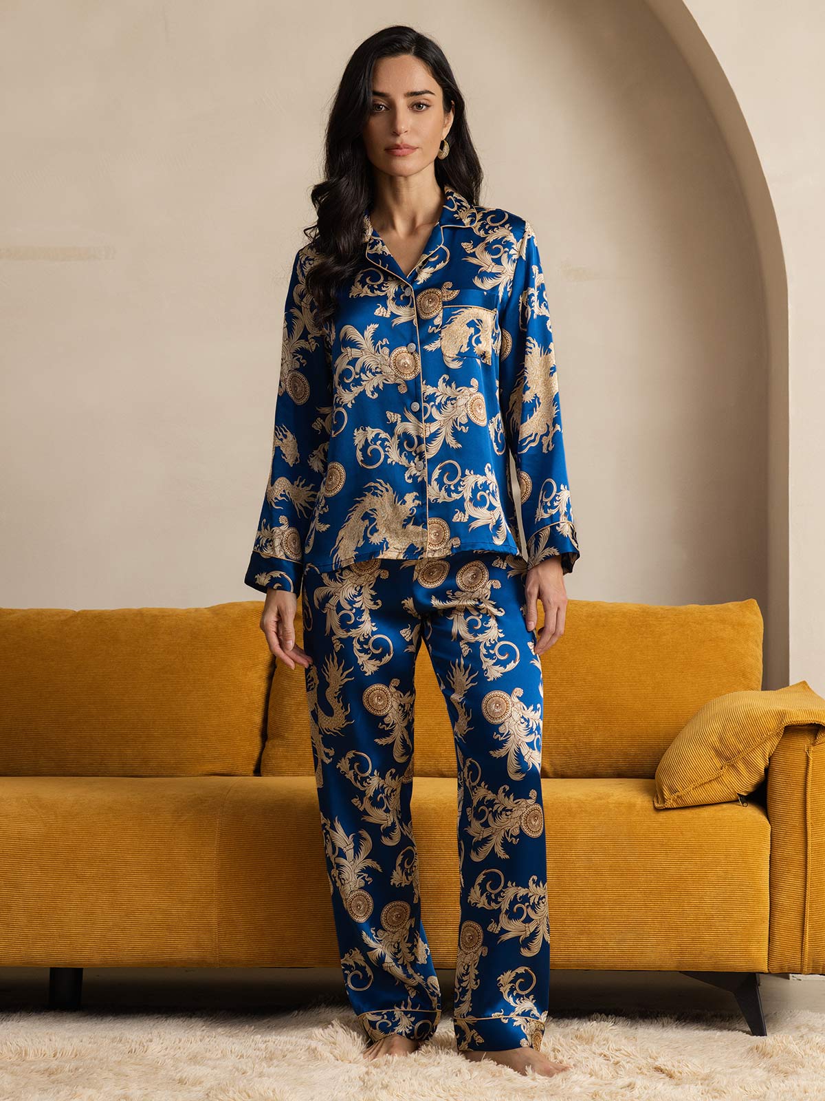 SilkSilky-NL Lange Mouw Revers Dames Pyjama Set Blauw 007