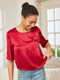 SilkSilky NL Pure Silk Halve Mouw Boat Hals Dames T Shirt Donkerrood 003